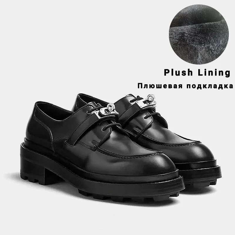 2023 Spinrg Autumn Black Leather Women Loafers Lace Up Flat Shoes Women Silver Buckle Round Toe Women Flats Casual Shoes Woman