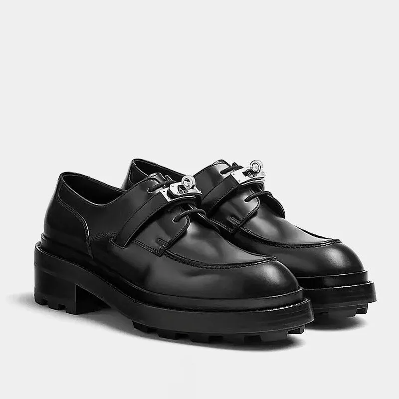 2023 Spinrg Autumn Black Leather Women Loafers Lace Up Flat Shoes Women Silver Buckle Round Toe Women Flats Casual Shoes Woman