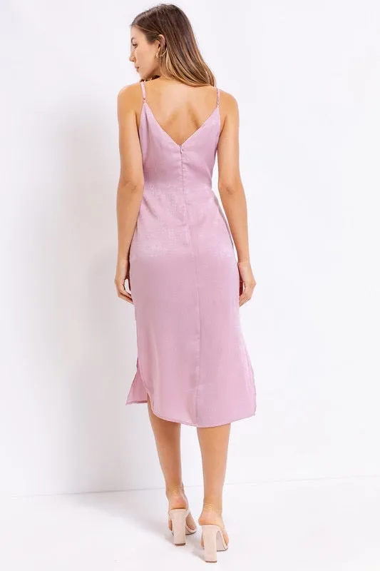 Aurora Satin Wrapped Midi Dress in Lavender