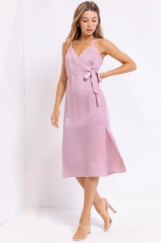 Aurora Satin Wrapped Midi Dress in Lavender