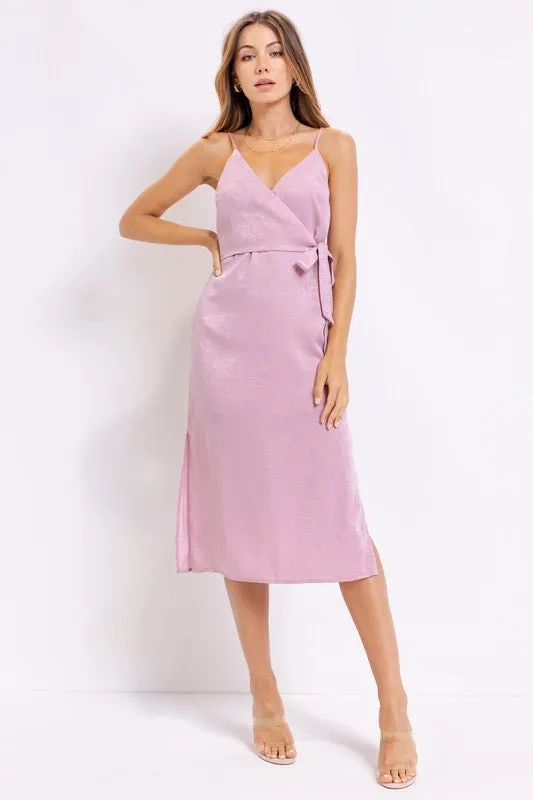 Aurora Satin Wrapped Midi Dress in Lavender