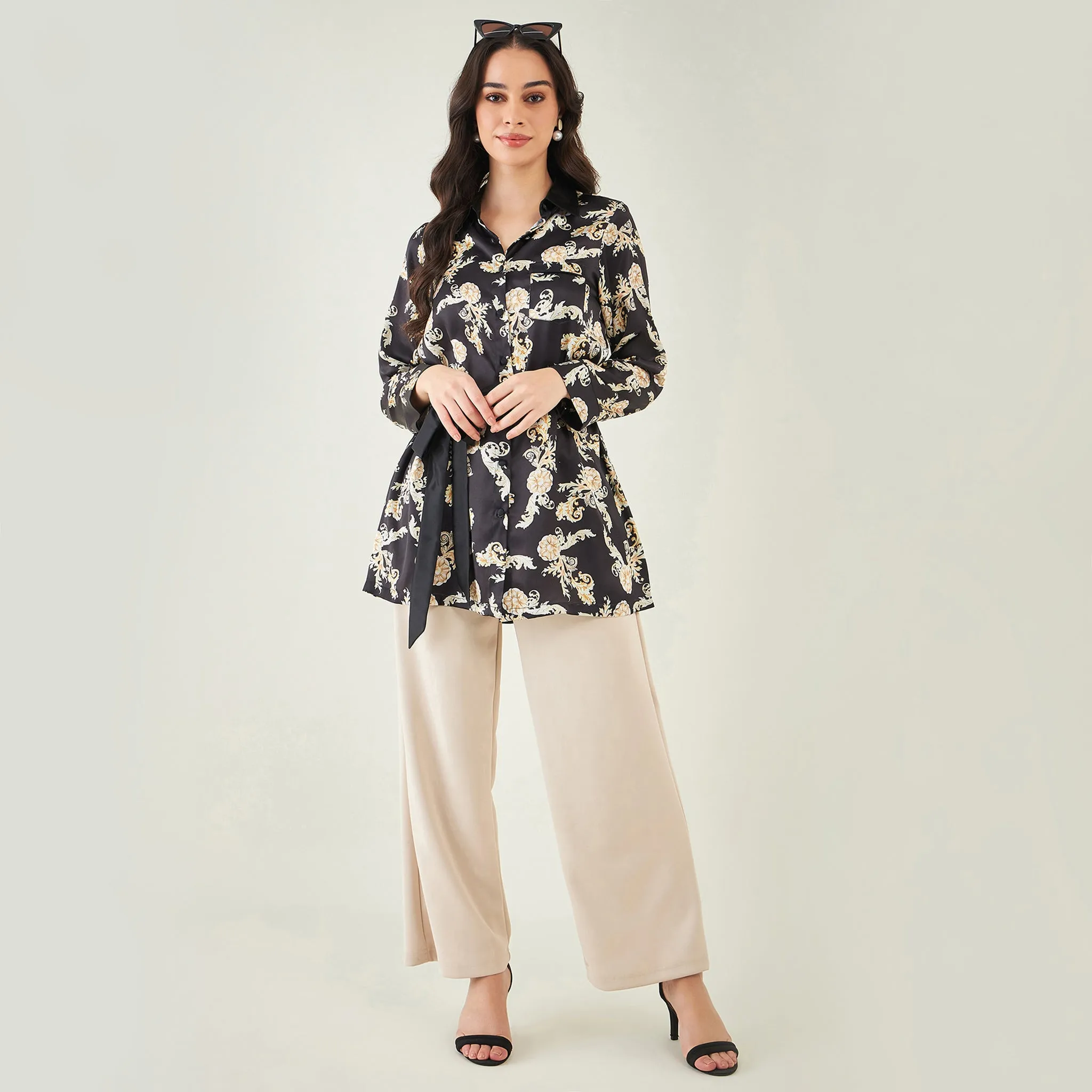Black Baroque Print Shirt with Belt