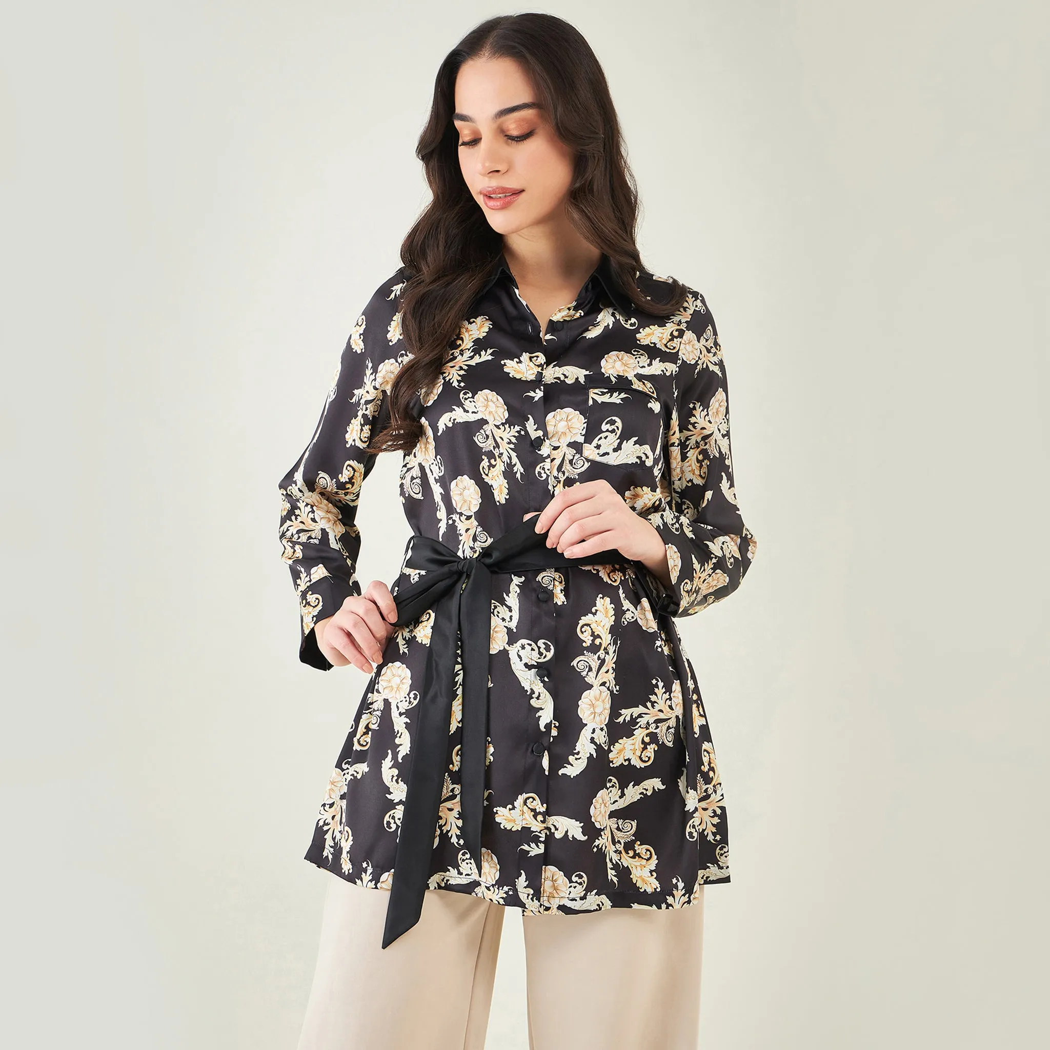 Black Baroque Print Shirt with Belt