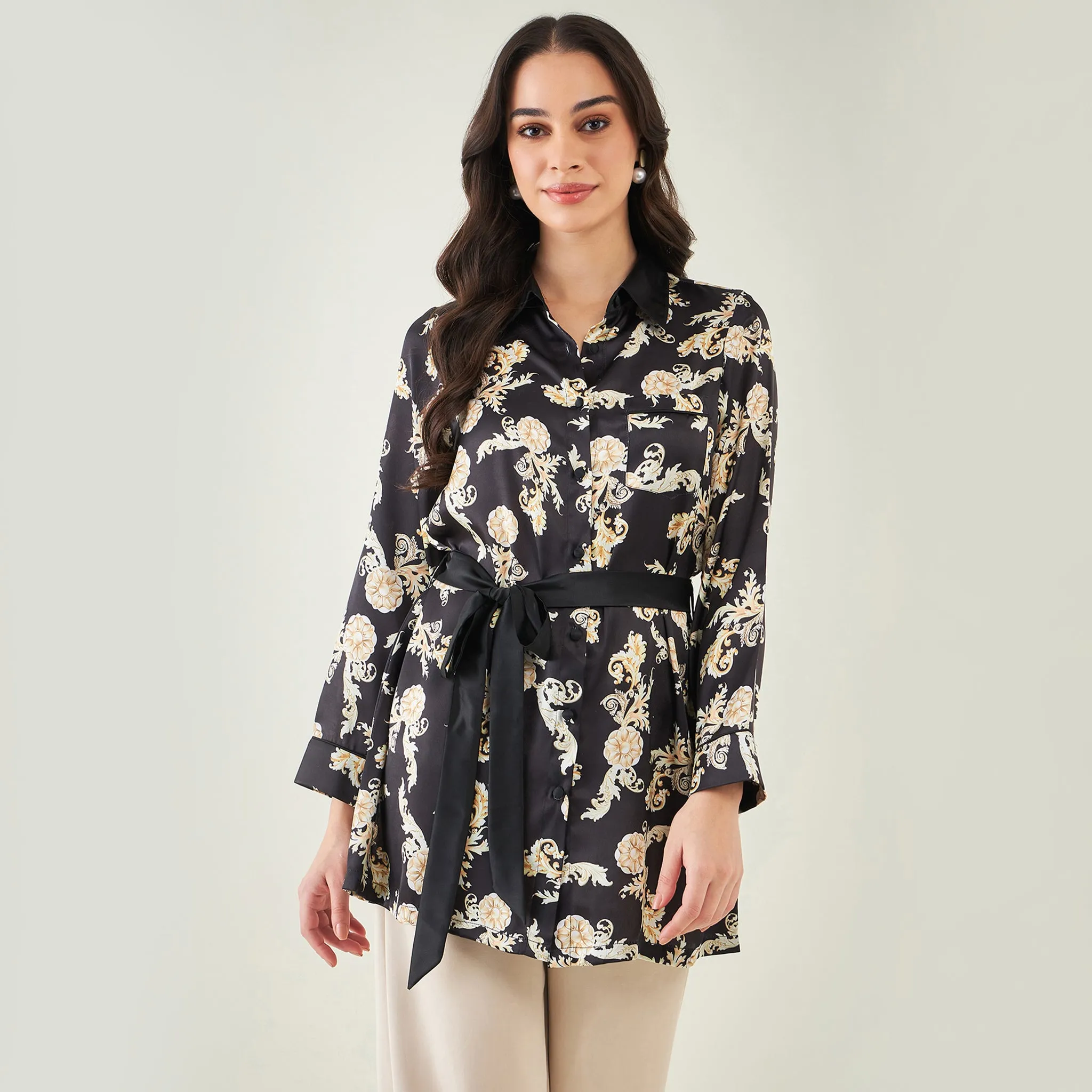 Black Baroque Print Shirt with Belt