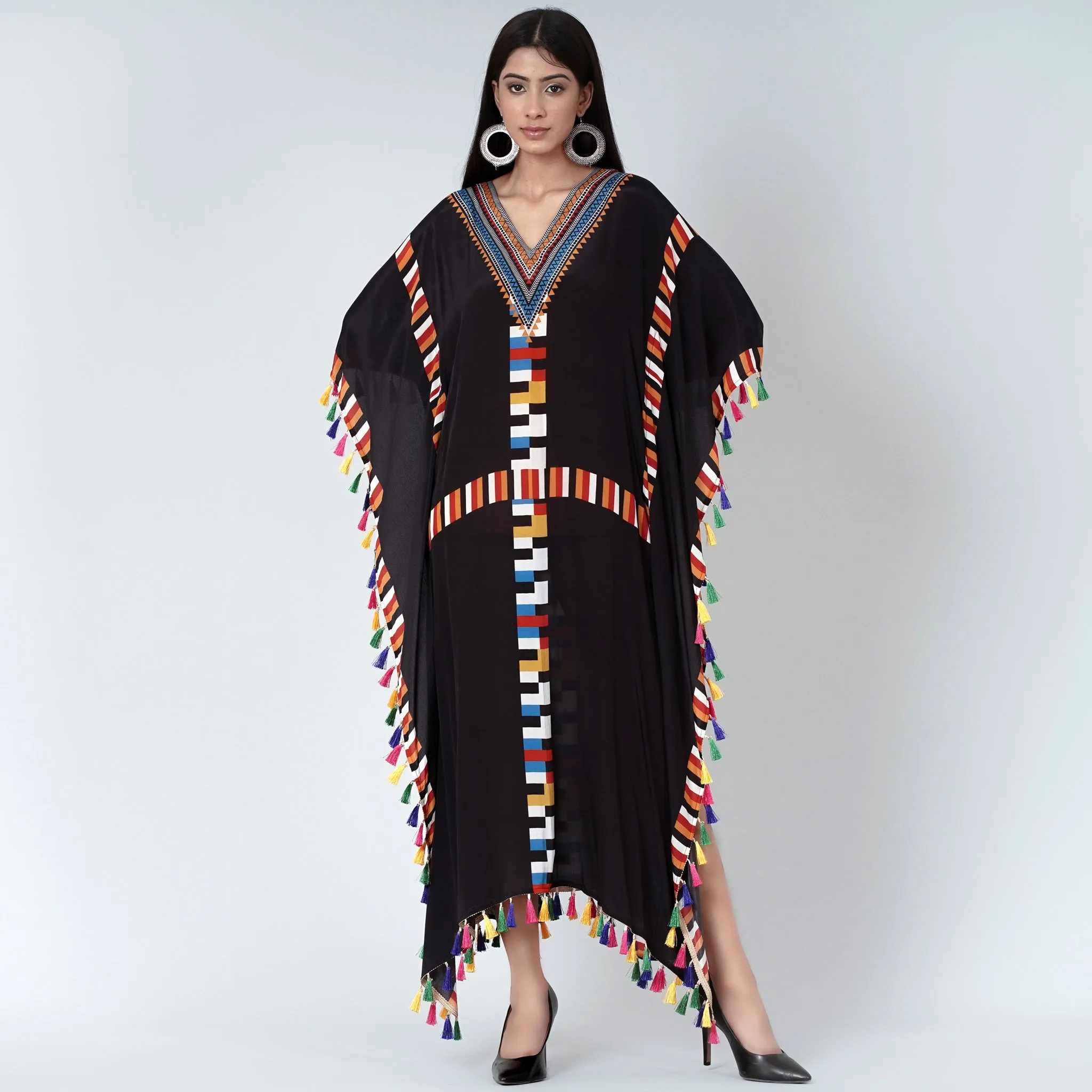 Black Geometric Mid Length Kaftan with Lace
