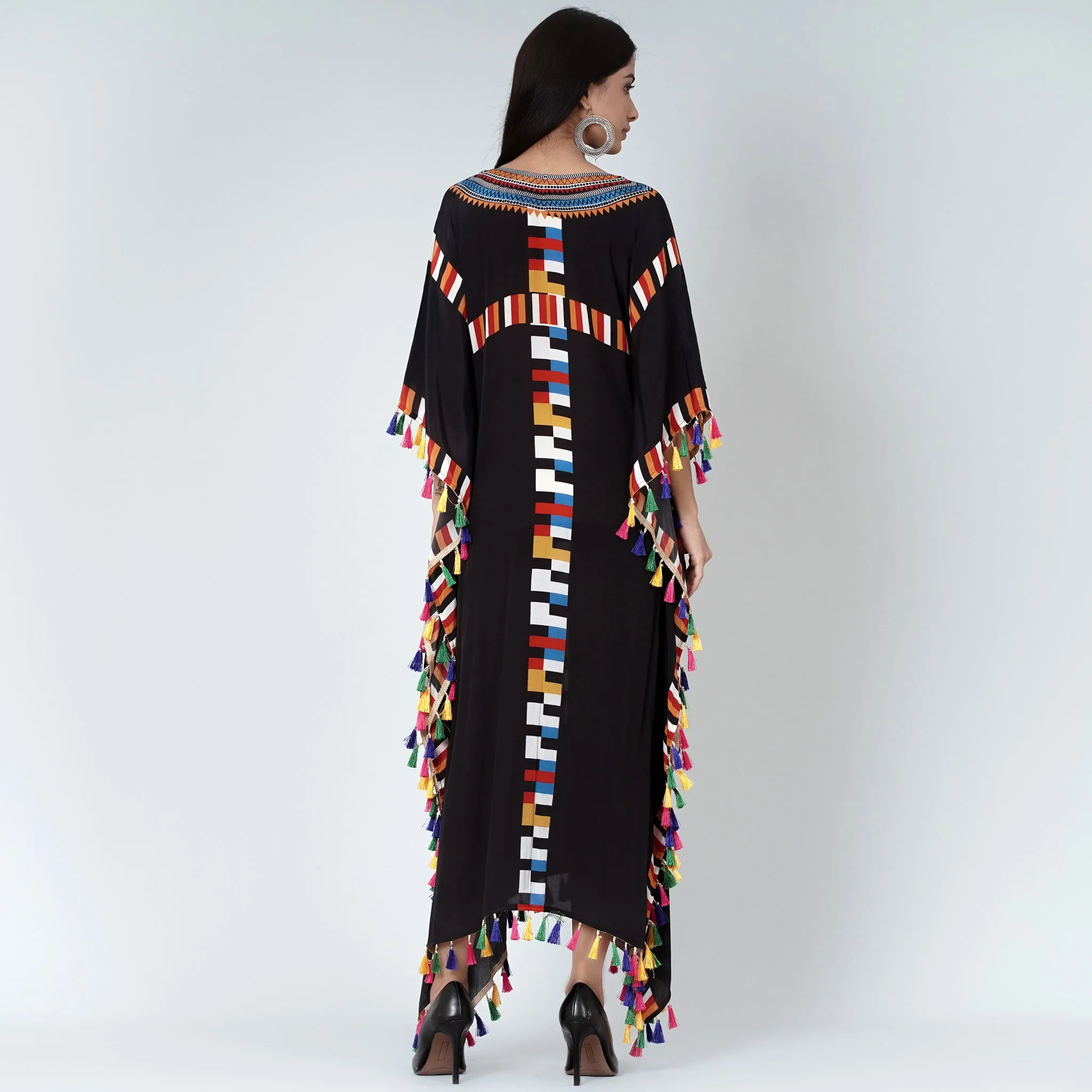 Black Geometric Mid Length Kaftan with Lace