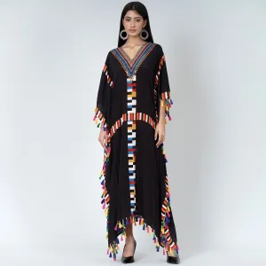 Black Geometric Mid Length Kaftan with Lace
