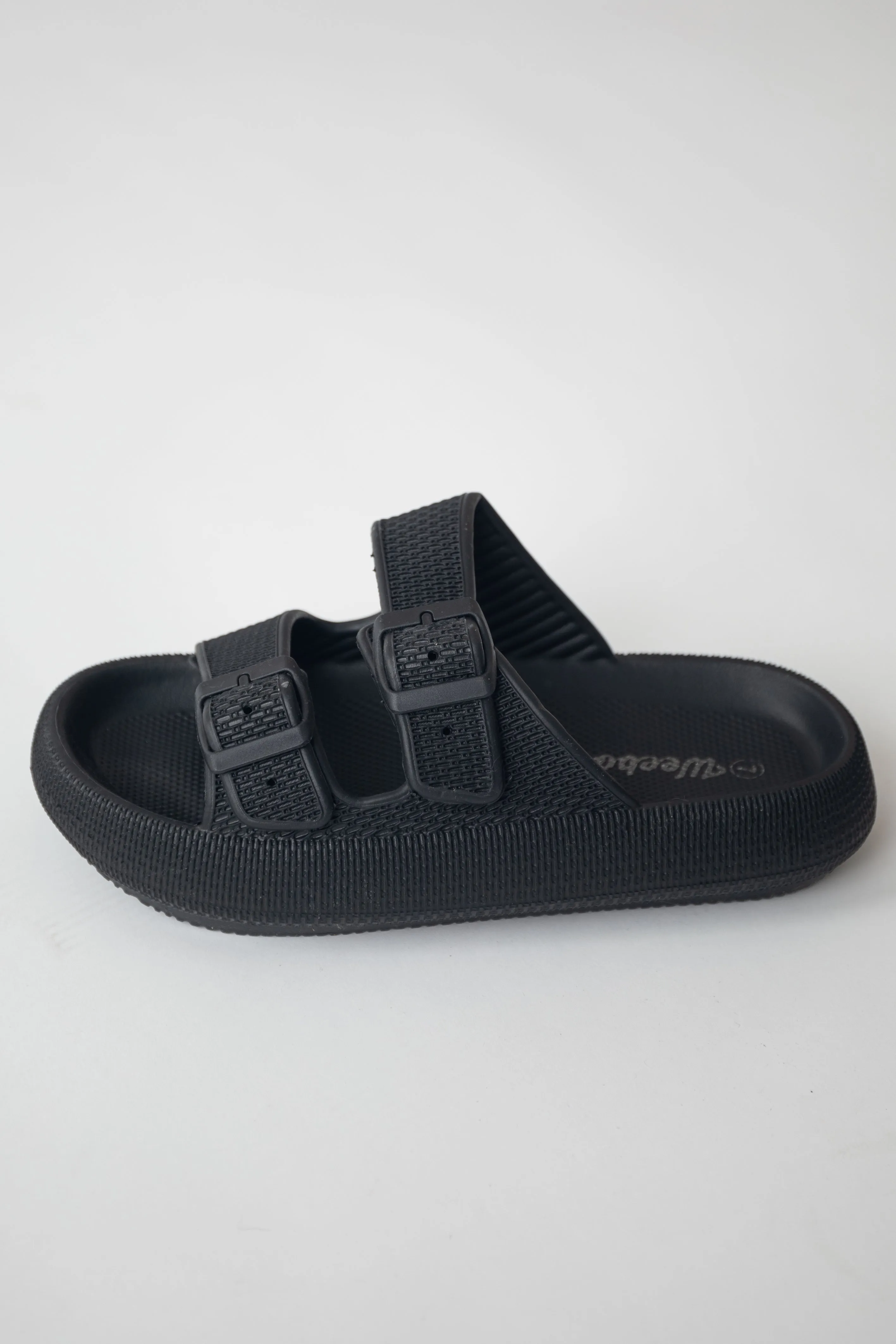 Black Textured Double Strap Slip On Sandals