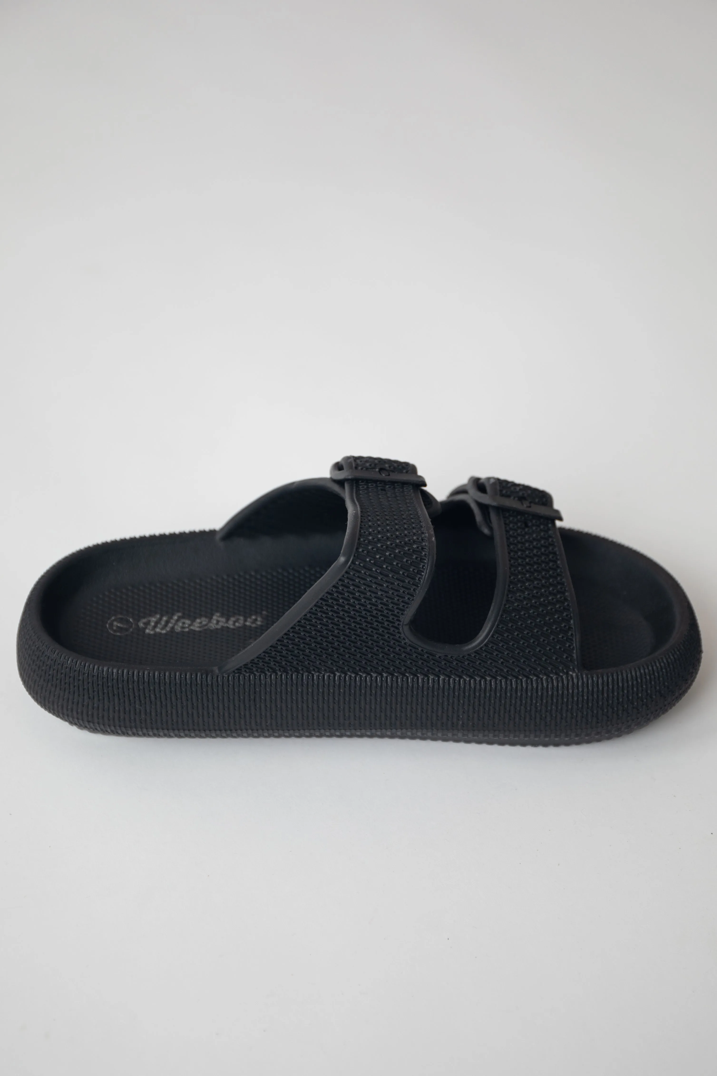 Black Textured Double Strap Slip On Sandals