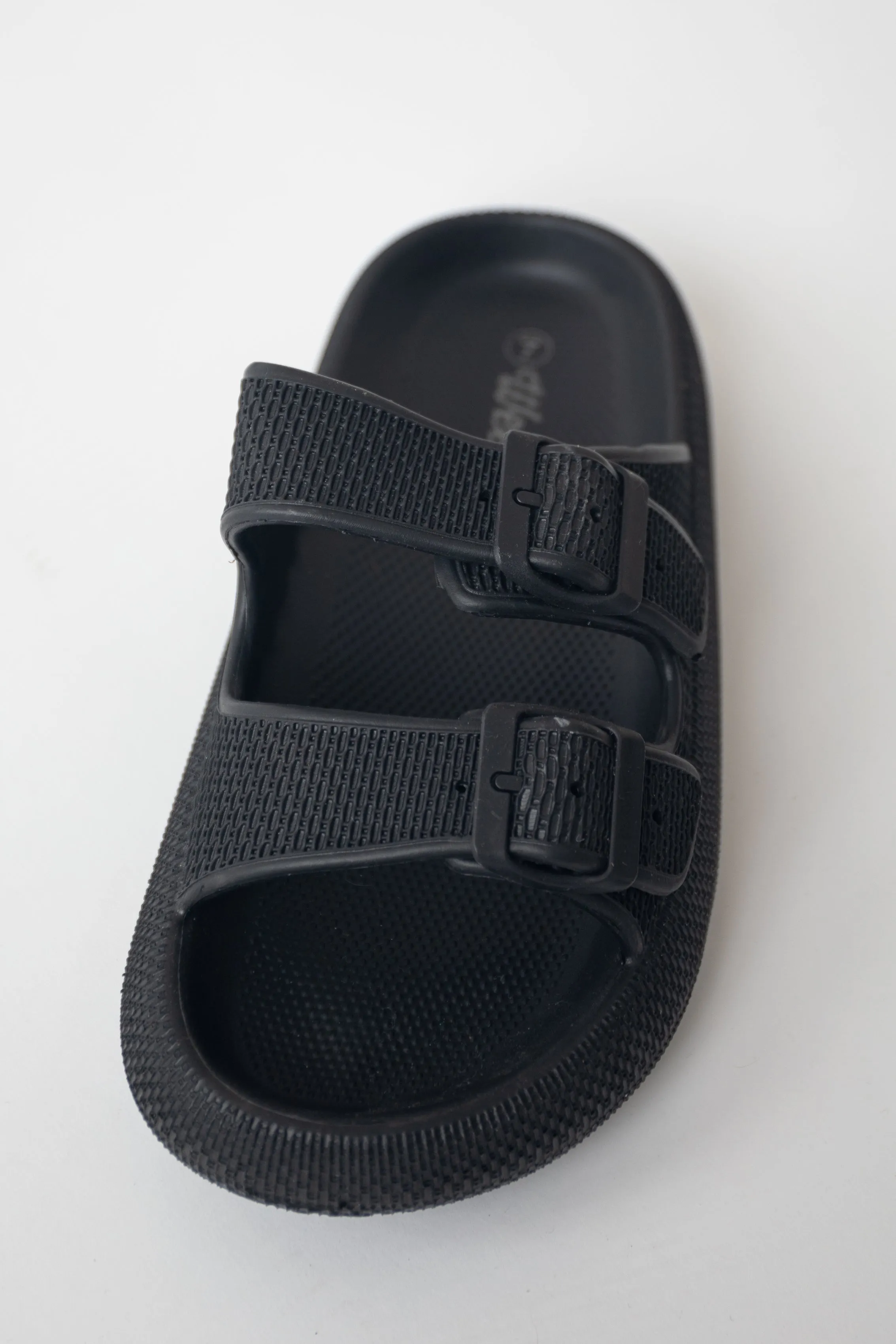 Black Textured Double Strap Slip On Sandals