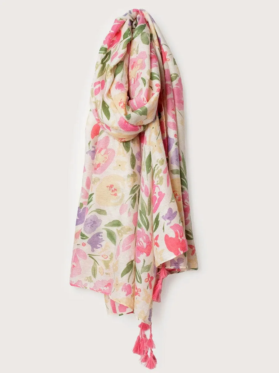 Caracol Lightweight Floral Scarf with Pom Poms - 6201