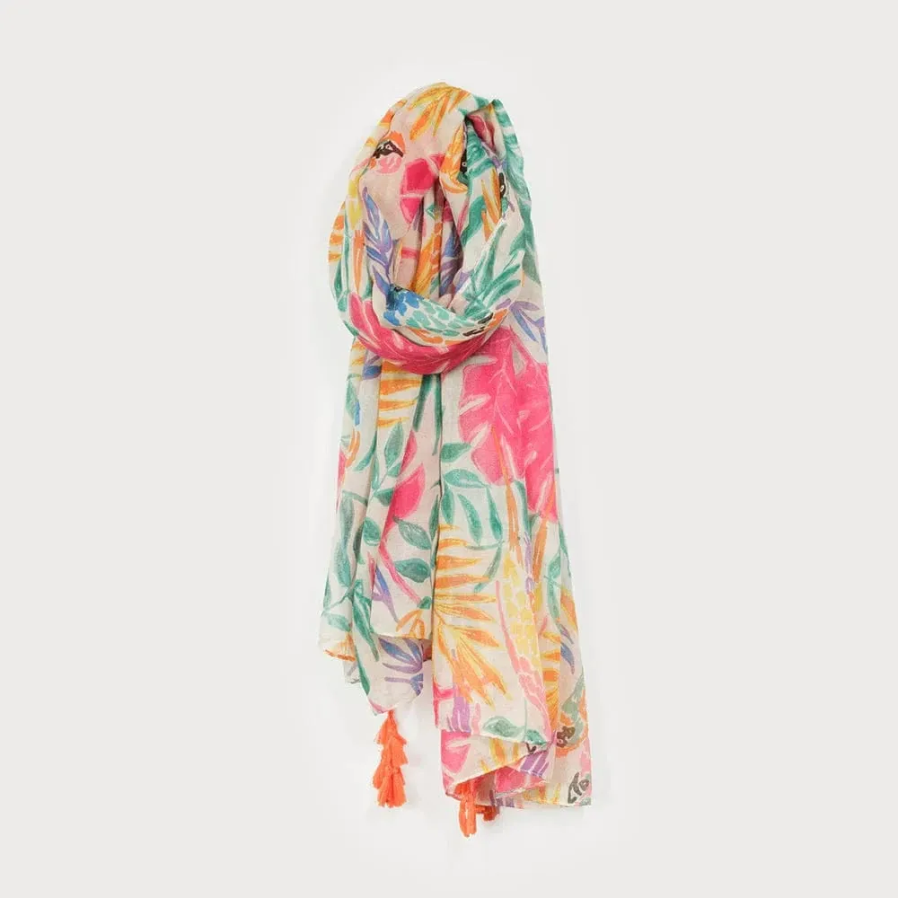 Caracol Lightweight Floral Scarf with Pom Poms - 6201