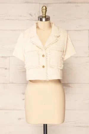Cheryl | Cropped Cream Tweed Top w/ Pockets