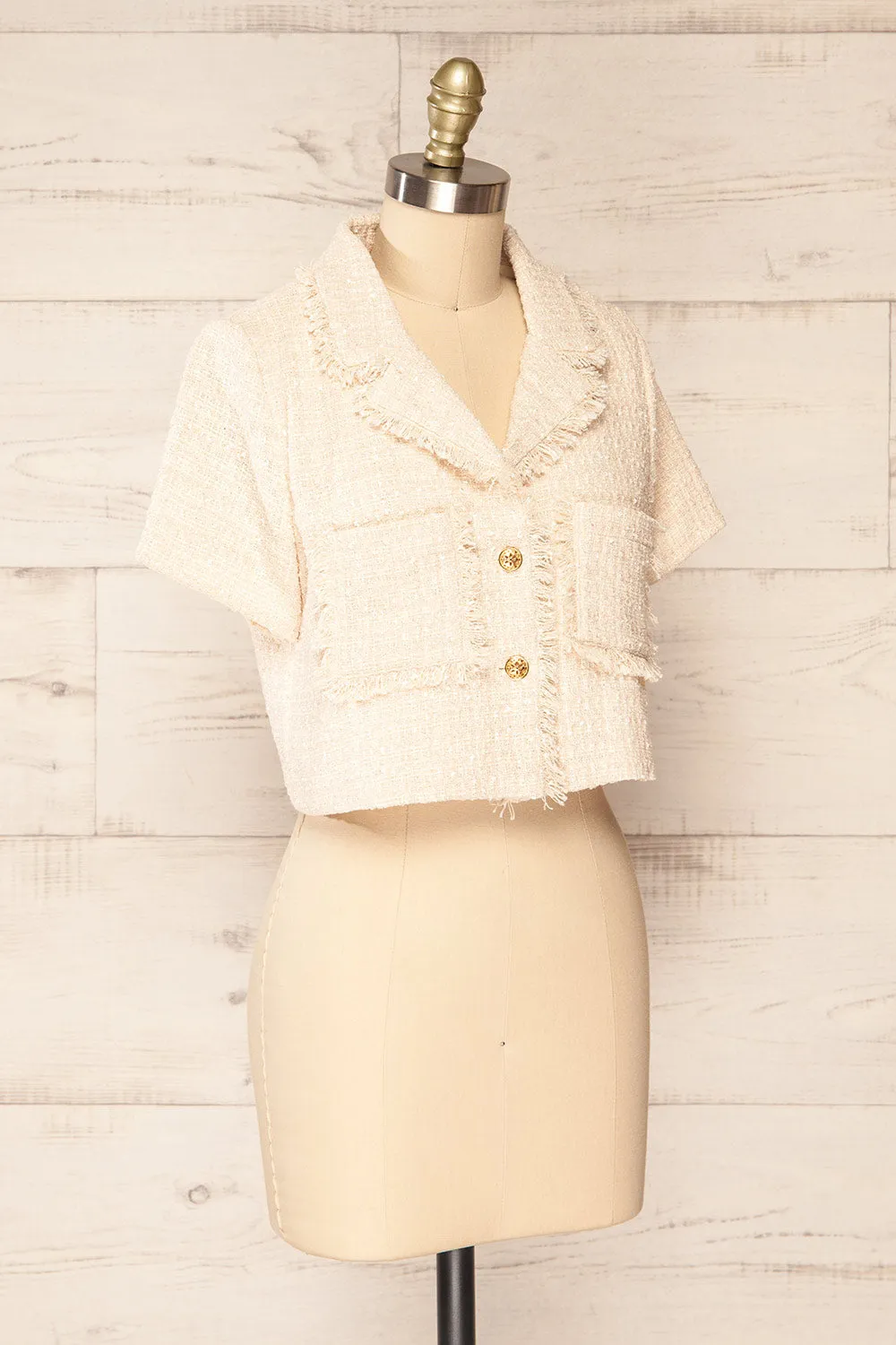 Cheryl | Cropped Cream Tweed Top w/ Pockets