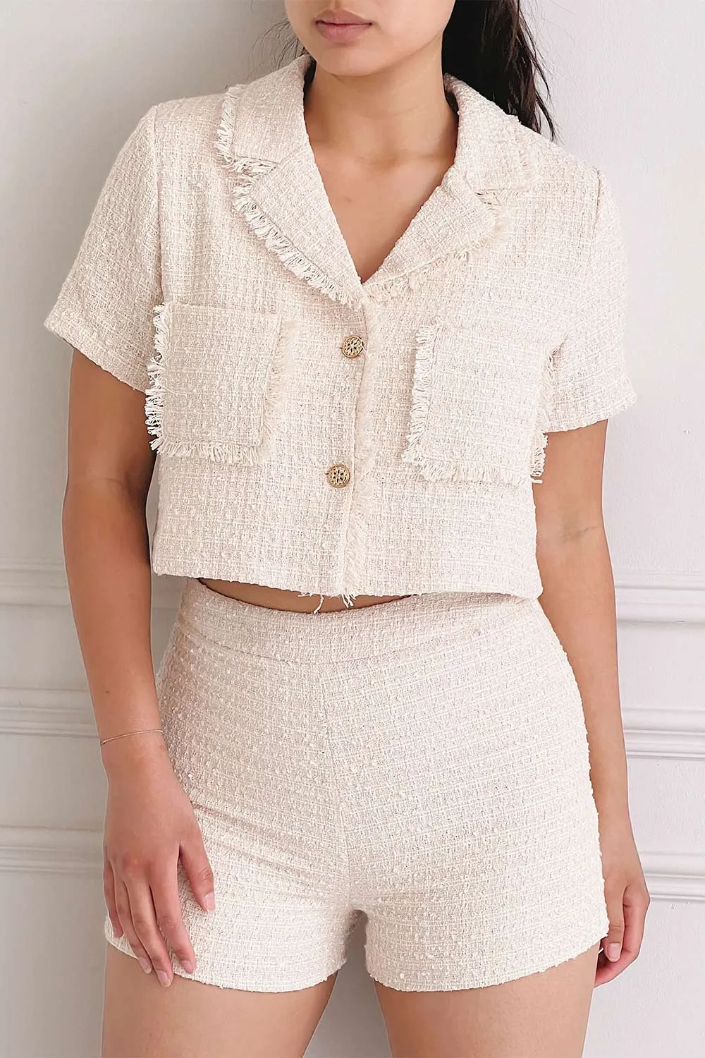 Cheryl | Cropped Cream Tweed Top w/ Pockets