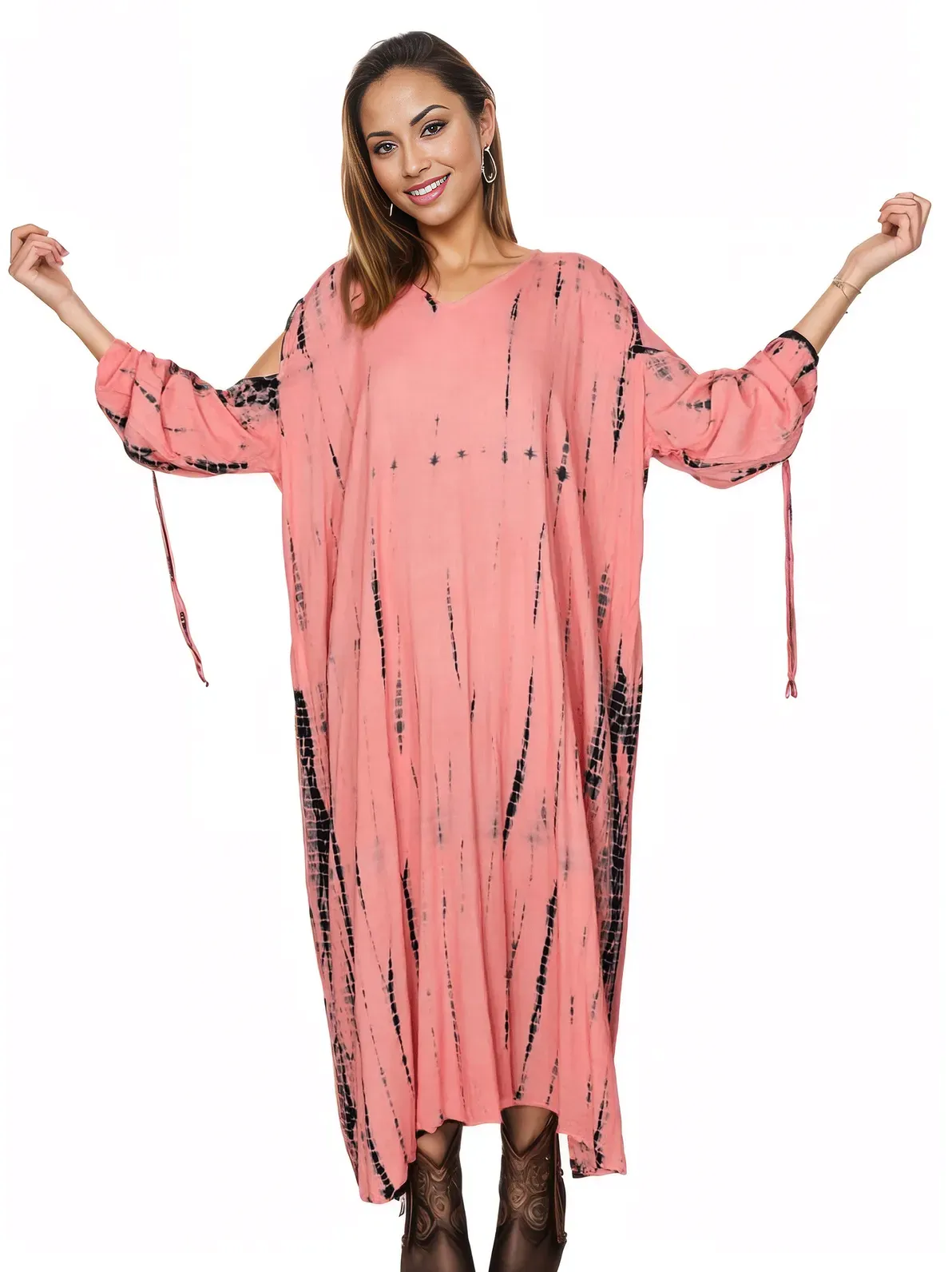 Coral Hand-Dyed Tie-Dye Maxi Kaftan Dress – Boho Chic, Flowy and Comfortable