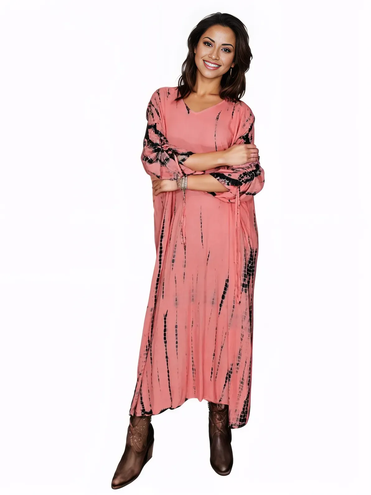 Coral Hand-Dyed Tie-Dye Maxi Kaftan Dress – Boho Chic, Flowy and Comfortable