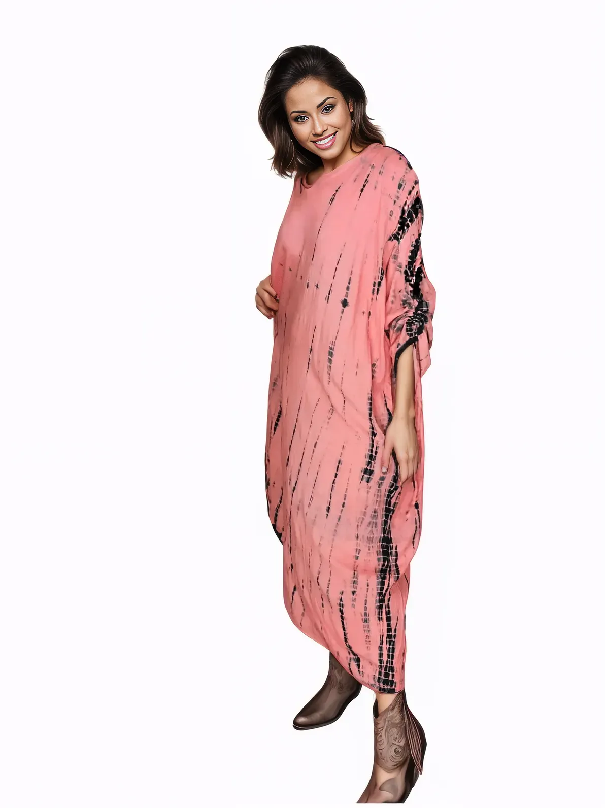Coral Hand-Dyed Tie-Dye Maxi Kaftan Dress – Boho Chic, Flowy and Comfortable