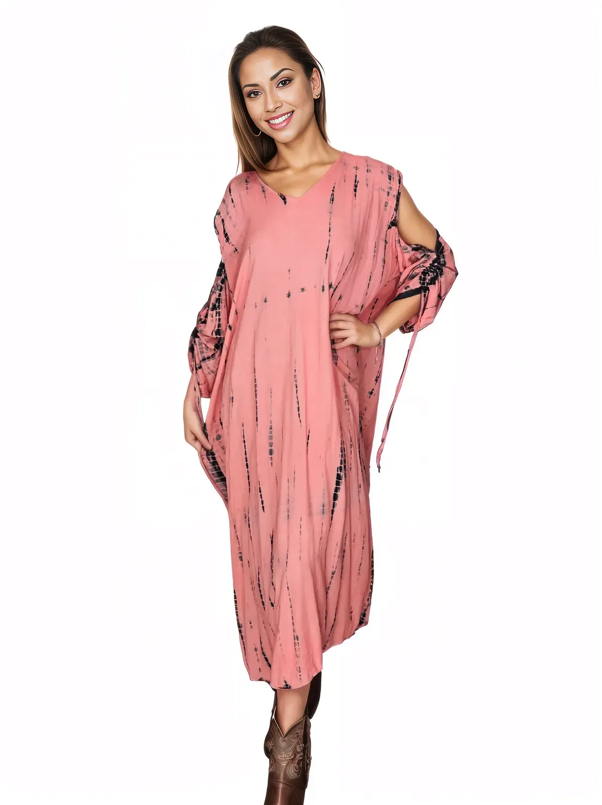 Coral Hand-Dyed Tie-Dye Maxi Kaftan Dress – Boho Chic, Flowy and Comfortable