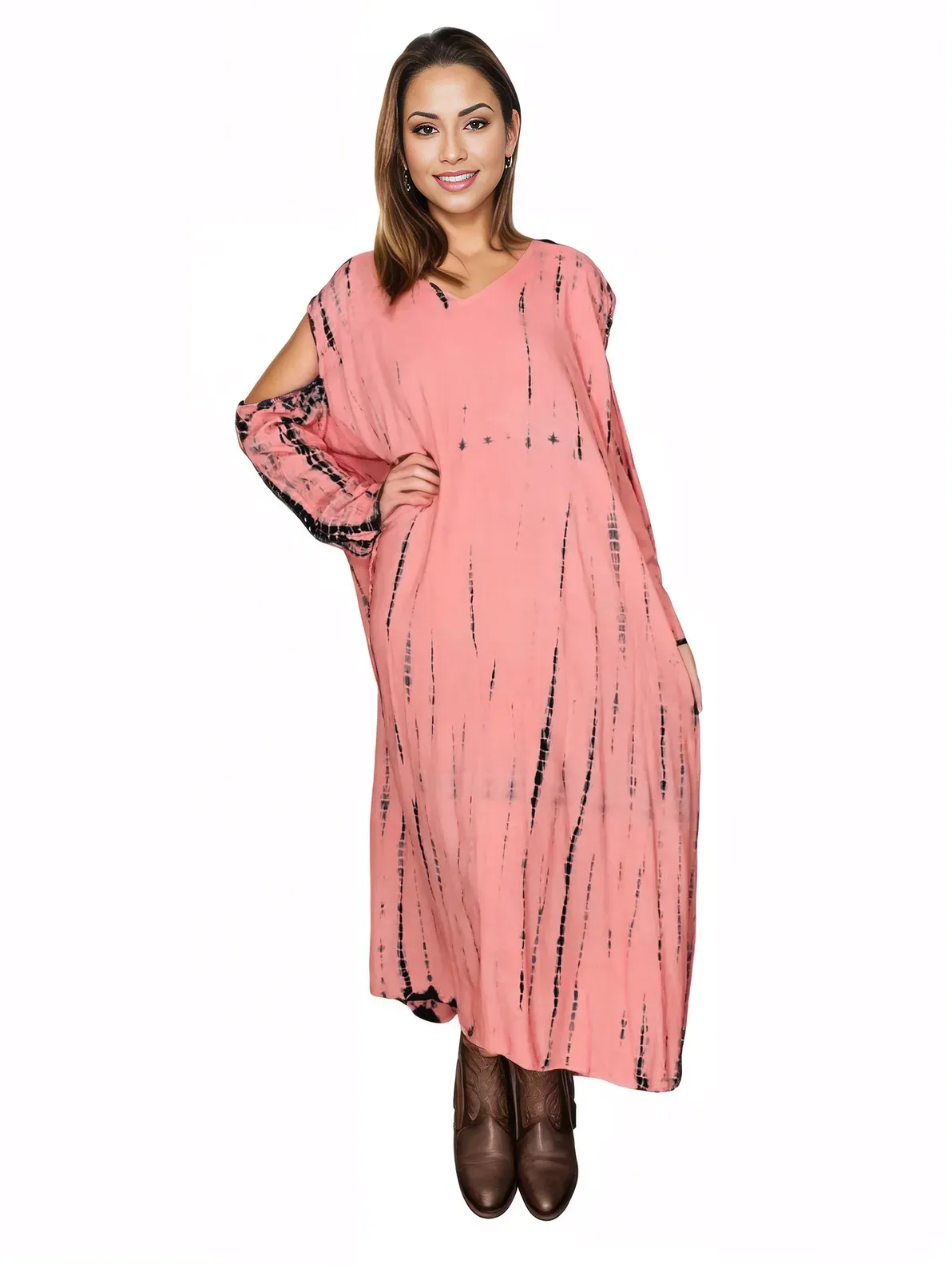 Coral Hand-Dyed Tie-Dye Maxi Kaftan Dress – Boho Chic, Flowy and Comfortable