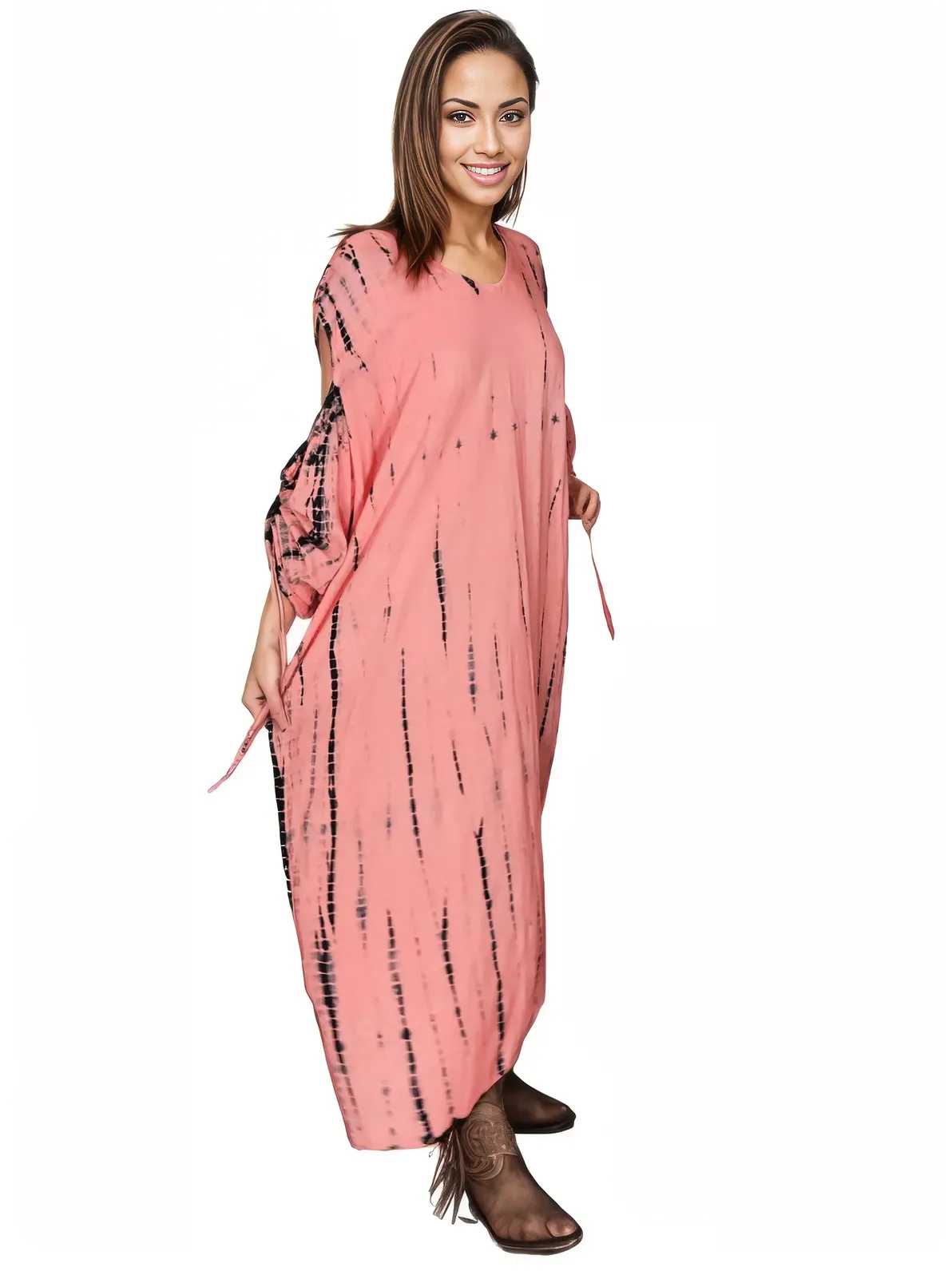 Coral Hand-Dyed Tie-Dye Maxi Kaftan Dress – Boho Chic, Flowy and Comfortable