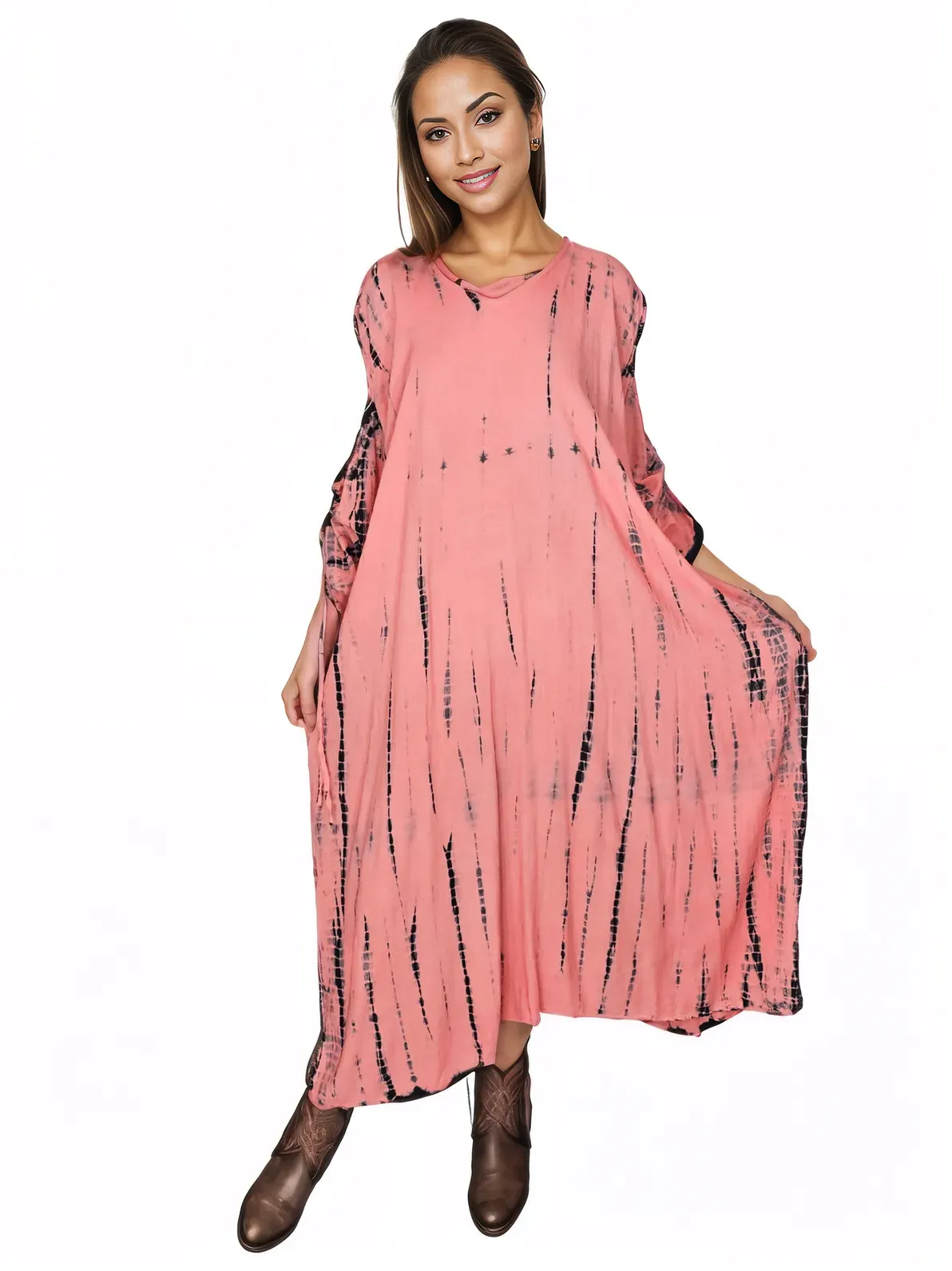 Coral Hand-Dyed Tie-Dye Maxi Kaftan Dress – Boho Chic, Flowy and Comfortable
