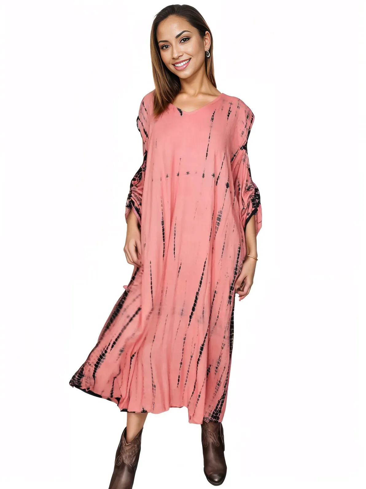 Coral Hand-Dyed Tie-Dye Maxi Kaftan Dress – Boho Chic, Flowy and Comfortable