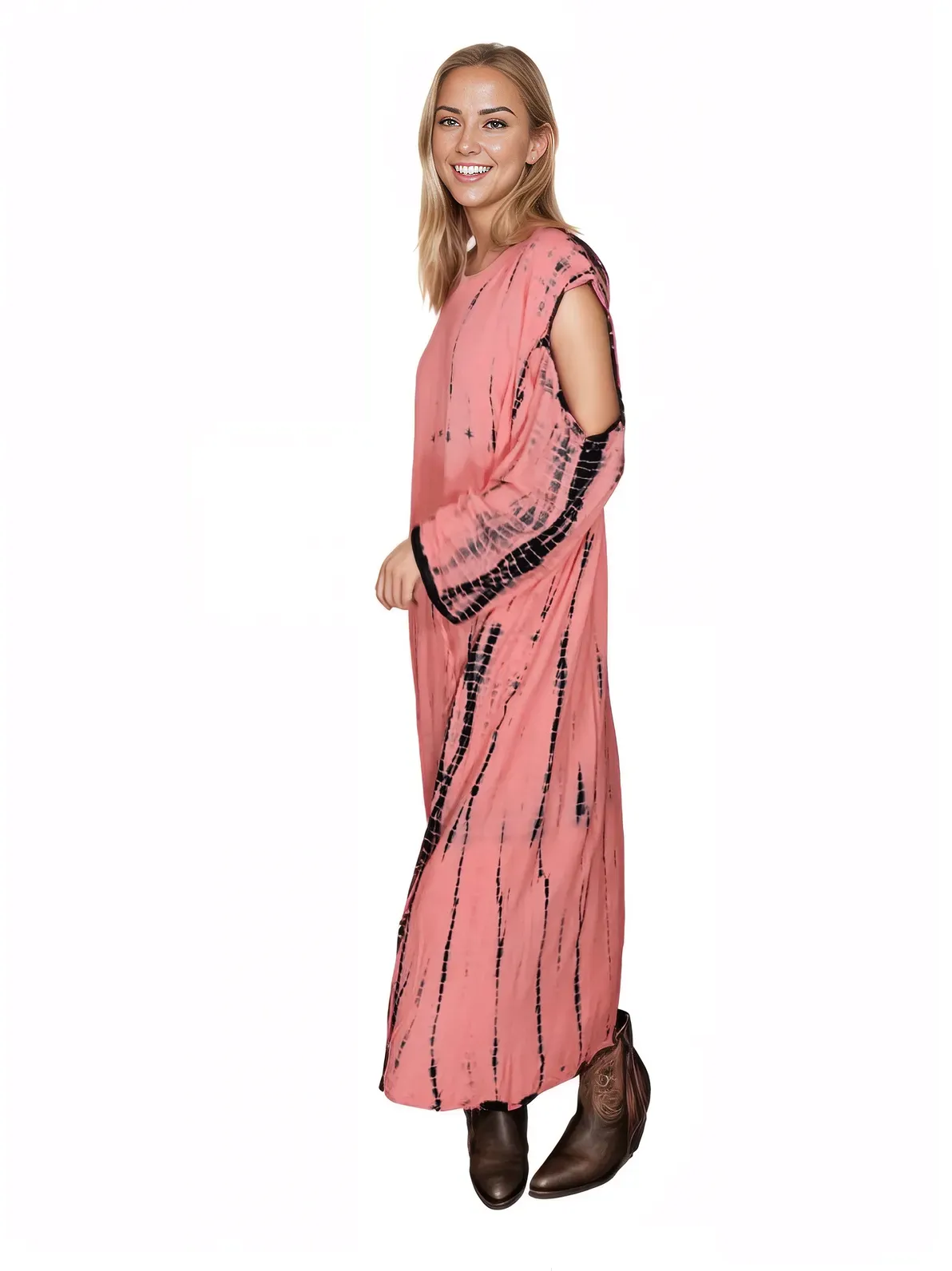 Coral Hand-Dyed Tie-Dye Maxi Kaftan Dress – Boho Chic, Flowy and Comfortable