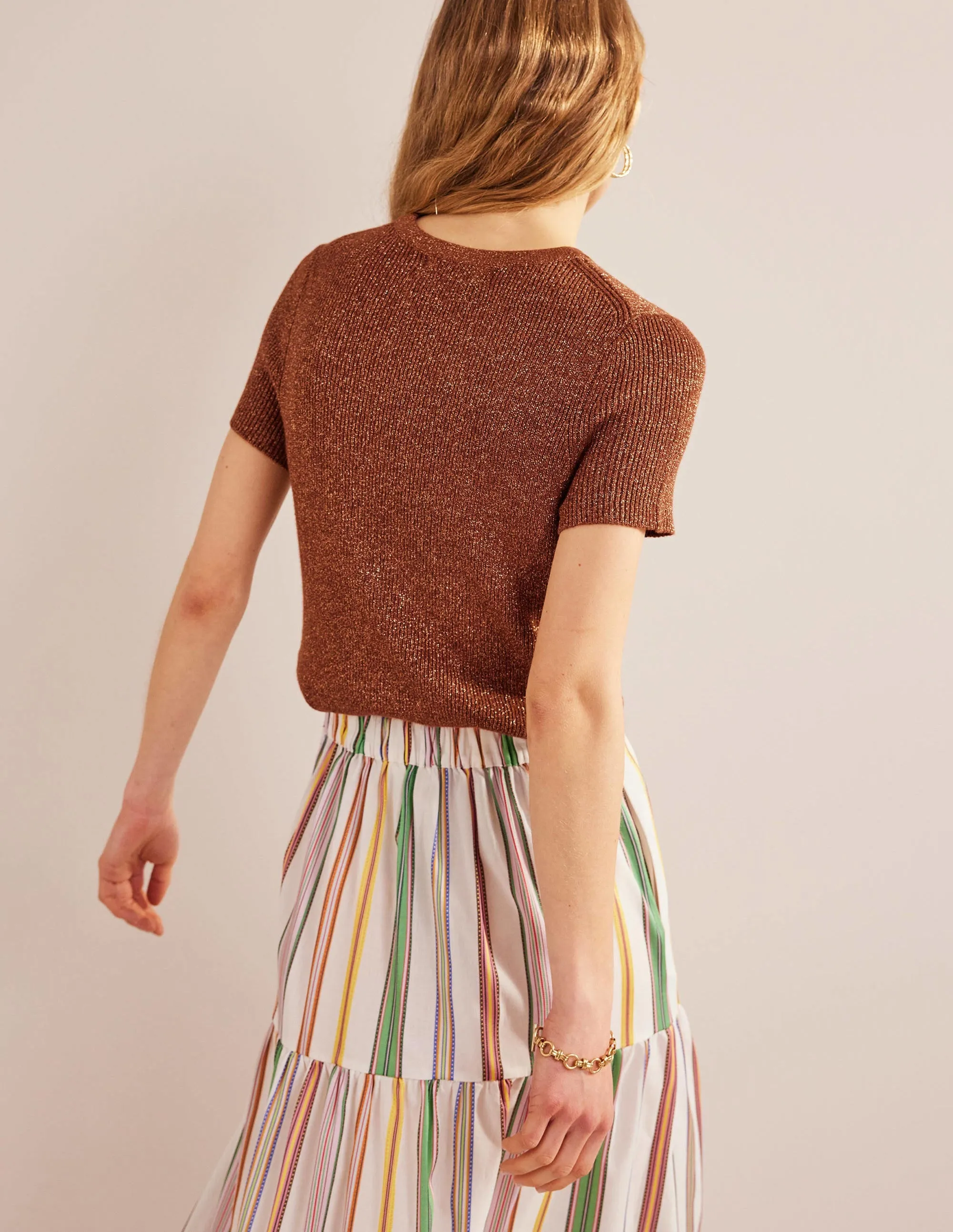 Cropped Sparkle Knit T-Shirt-Cognac Bronze Gold Sparkle