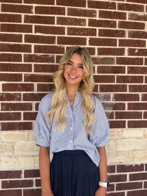 Easy Pinstripe Seersucker Button Front 3/4 Dolman Blouse