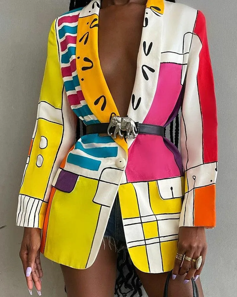 Fashion-Forward Printed Shawl Collar Single-Breasted Belted Blazer for Women