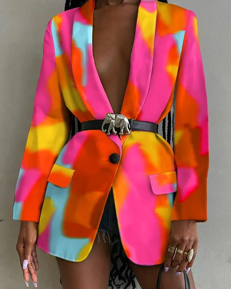 Fashion-Forward Printed Shawl Collar Single-Breasted Belted Blazer for Women