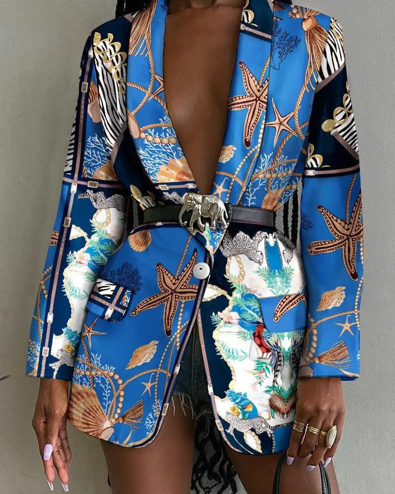 Fashion-Forward Printed Shawl Collar Single-Breasted Belted Blazer for Women