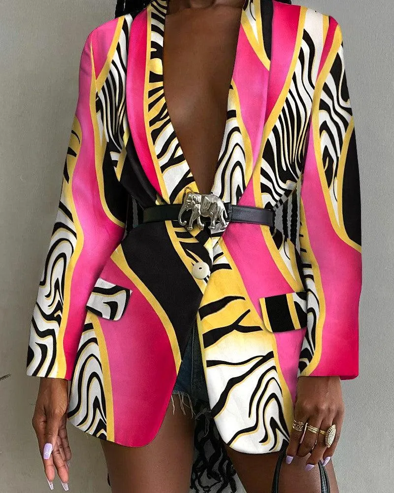 Fashion-Forward Printed Shawl Collar Single-Breasted Belted Blazer for Women