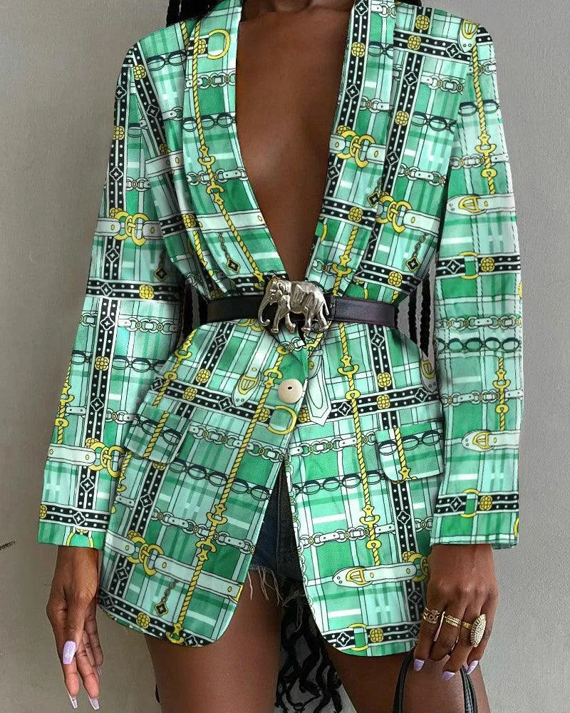Fashion-Forward Printed Shawl Collar Single-Breasted Belted Blazer for Women