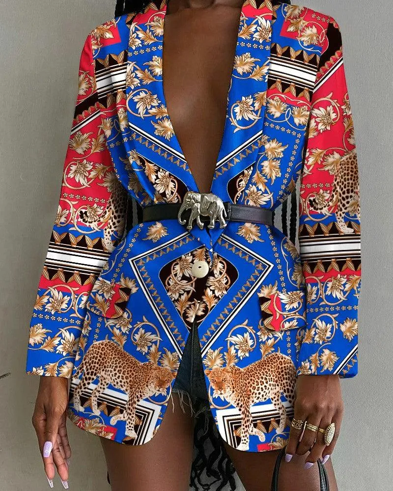Fashion-Forward Printed Shawl Collar Single-Breasted Belted Blazer for Women
