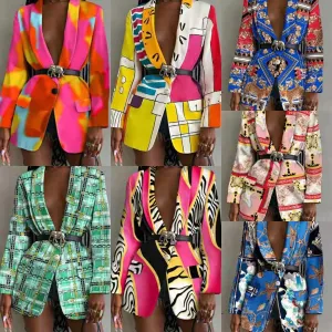Fashion-Forward Printed Shawl Collar Single-Breasted Belted Blazer for Women