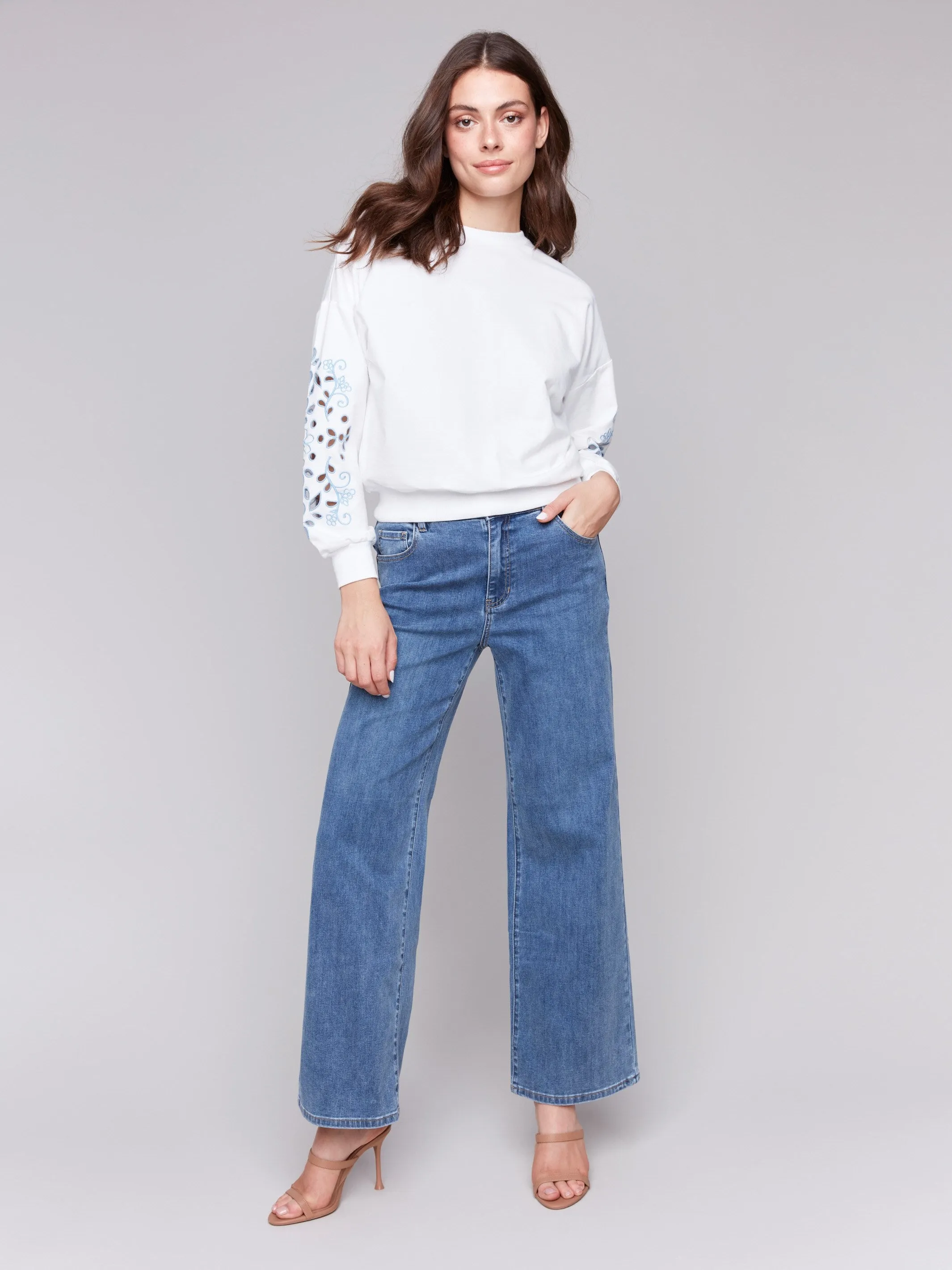 French Terry Sweatshirt with Embroidered Sleeves - White