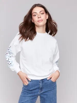 French Terry Sweatshirt with Embroidered Sleeves - White