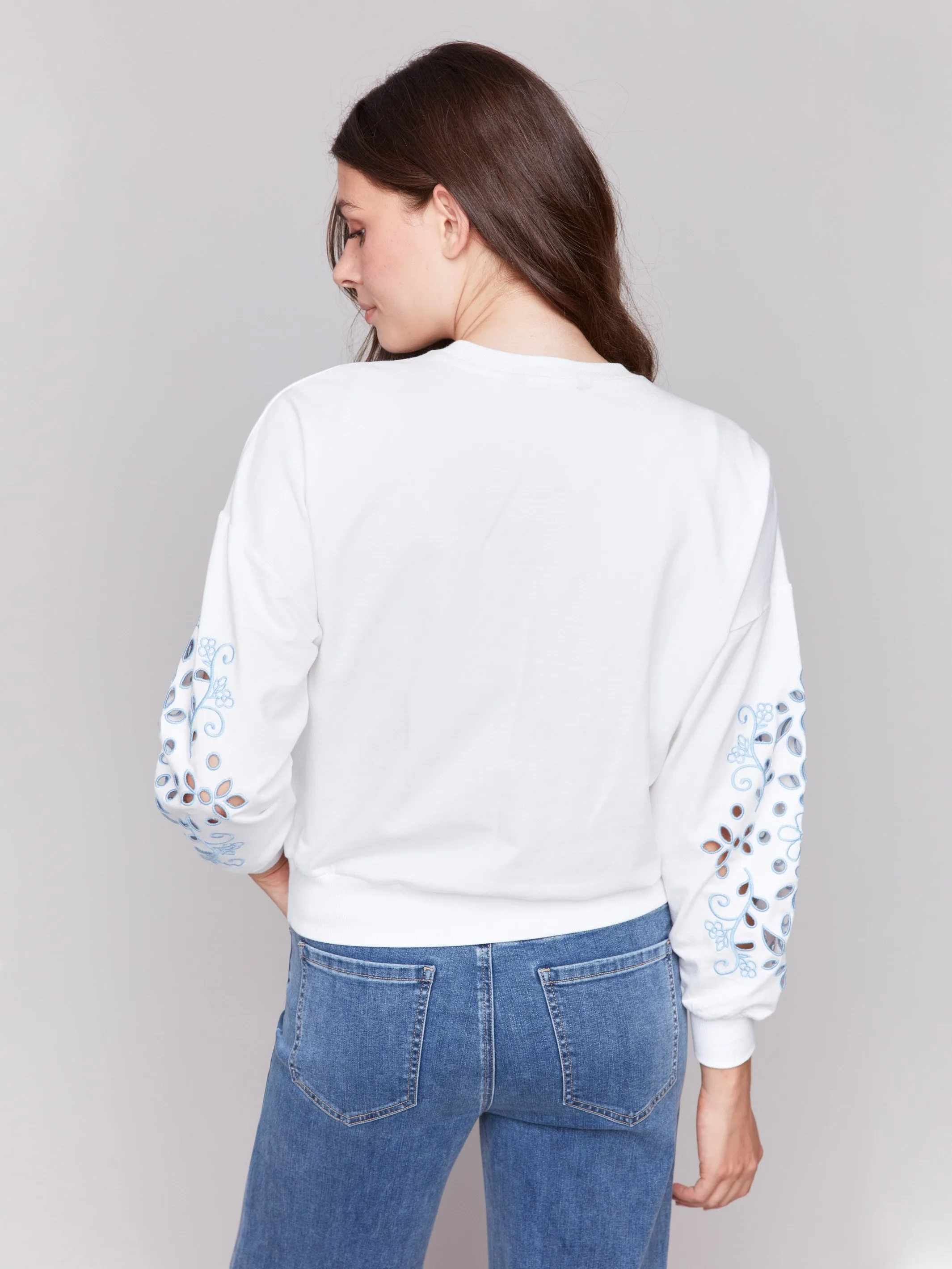 French Terry Sweatshirt with Embroidered Sleeves - White