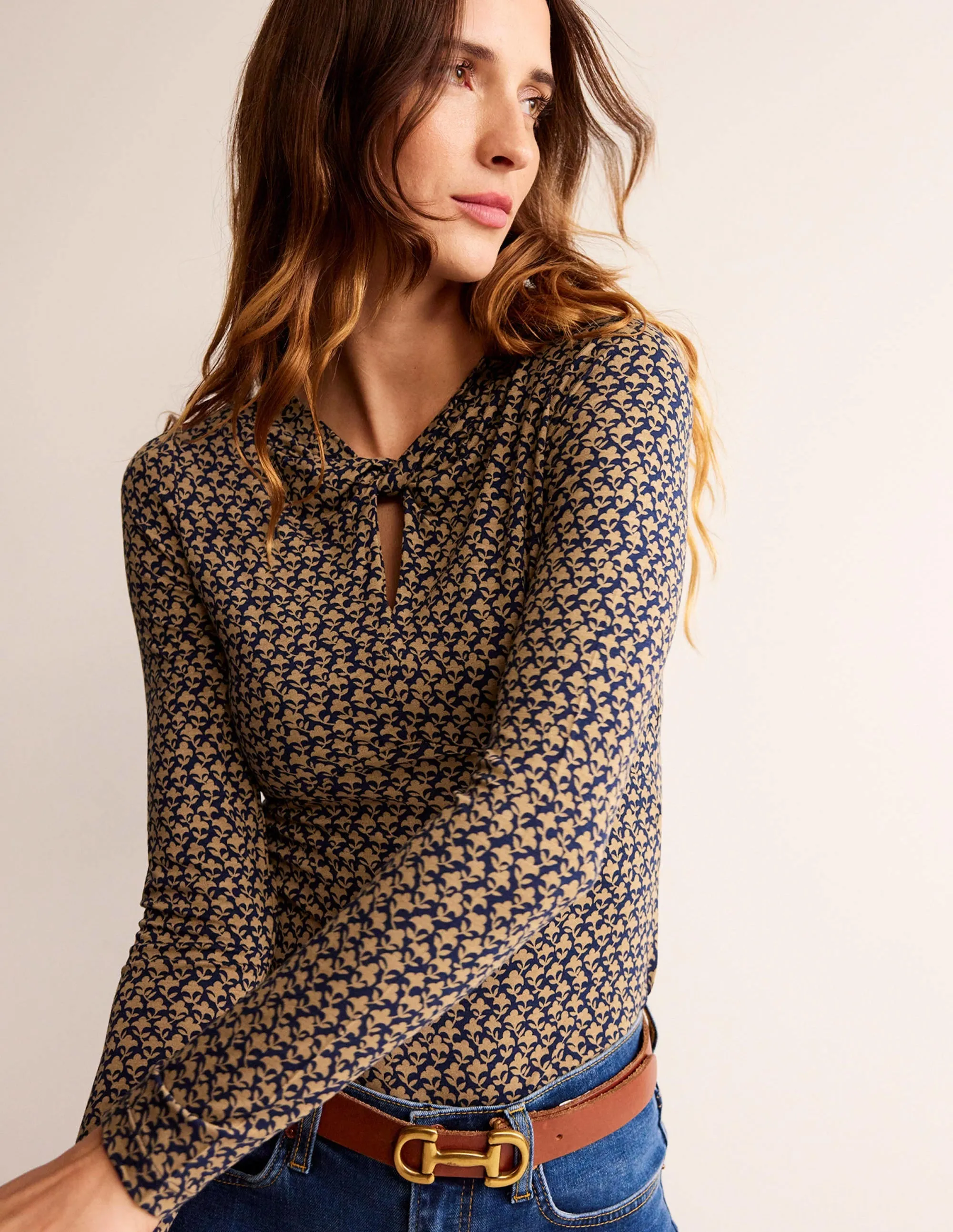 Knot Front Jersey Top-Camel, Lily Sprig