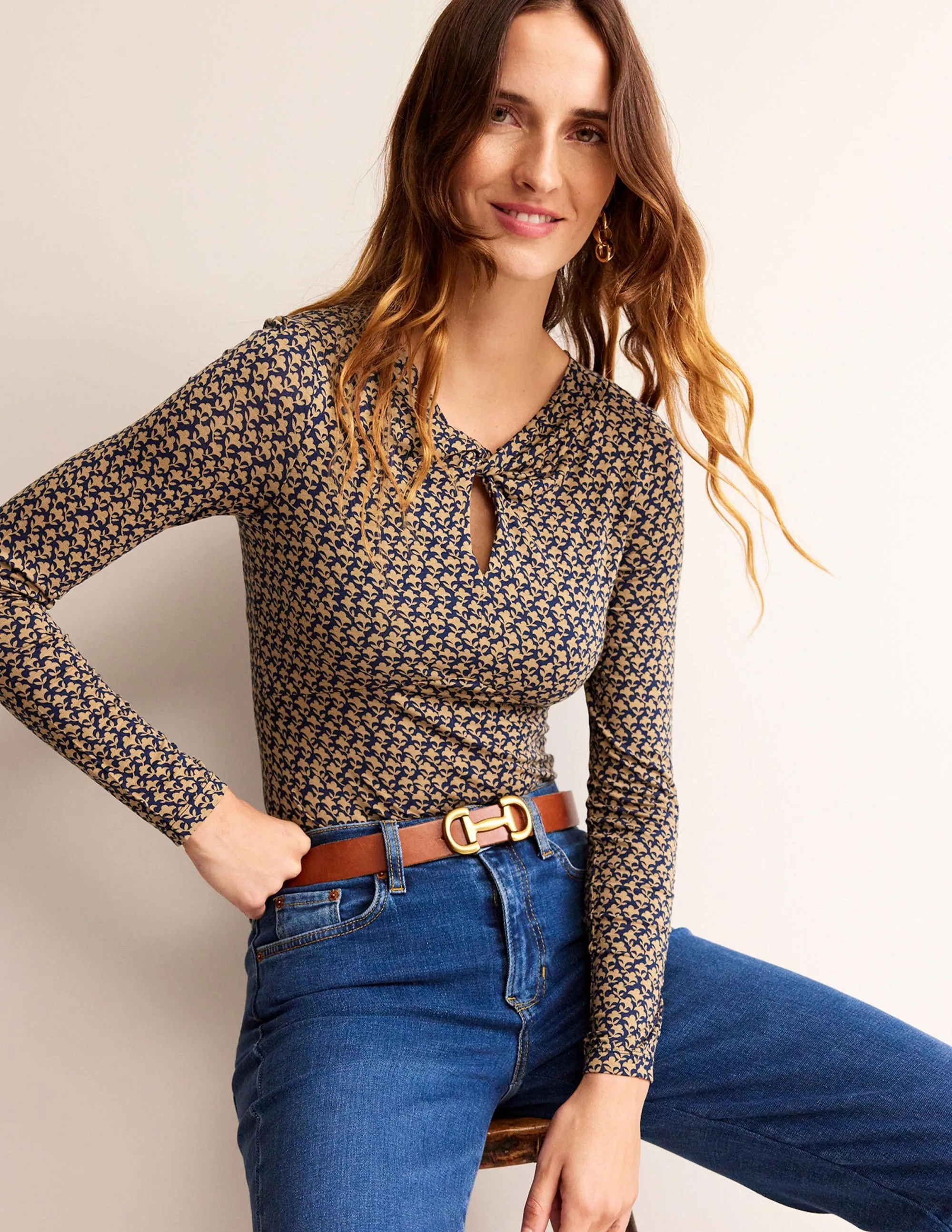 Knot Front Jersey Top-Camel, Lily Sprig