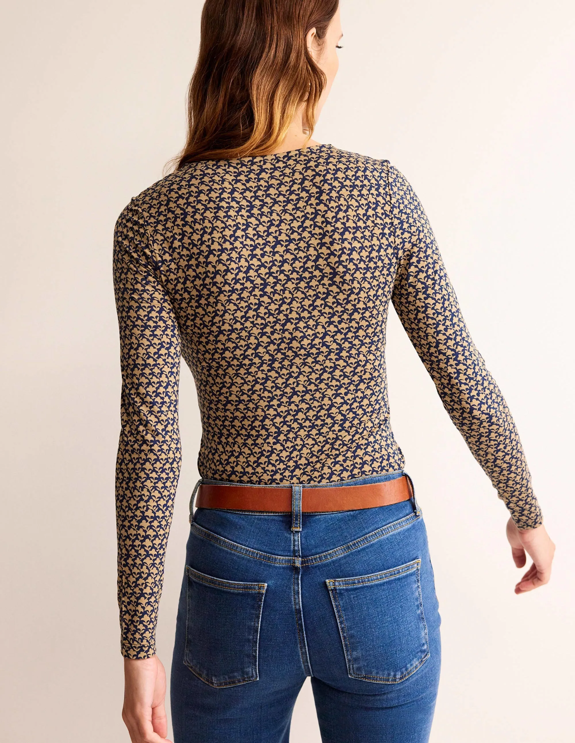 Knot Front Jersey Top-Camel, Lily Sprig