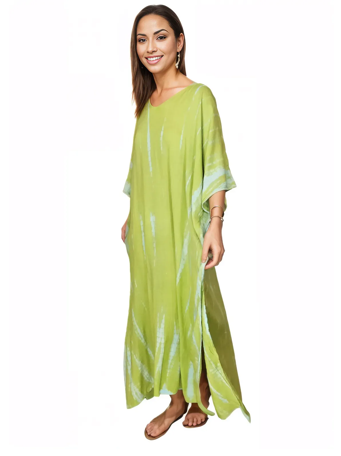 Lime Green Hand-Dyed Tie-Dye Maxi Kaftan Dress – Boho Chic, Flowy and Comfortable