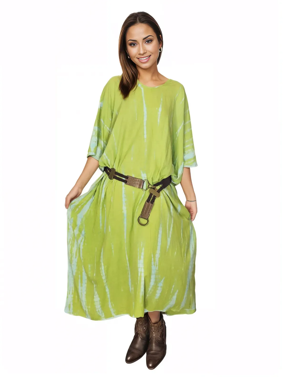 Lime Green Hand-Dyed Tie-Dye Maxi Kaftan Dress – Boho Chic, Flowy and Comfortable
