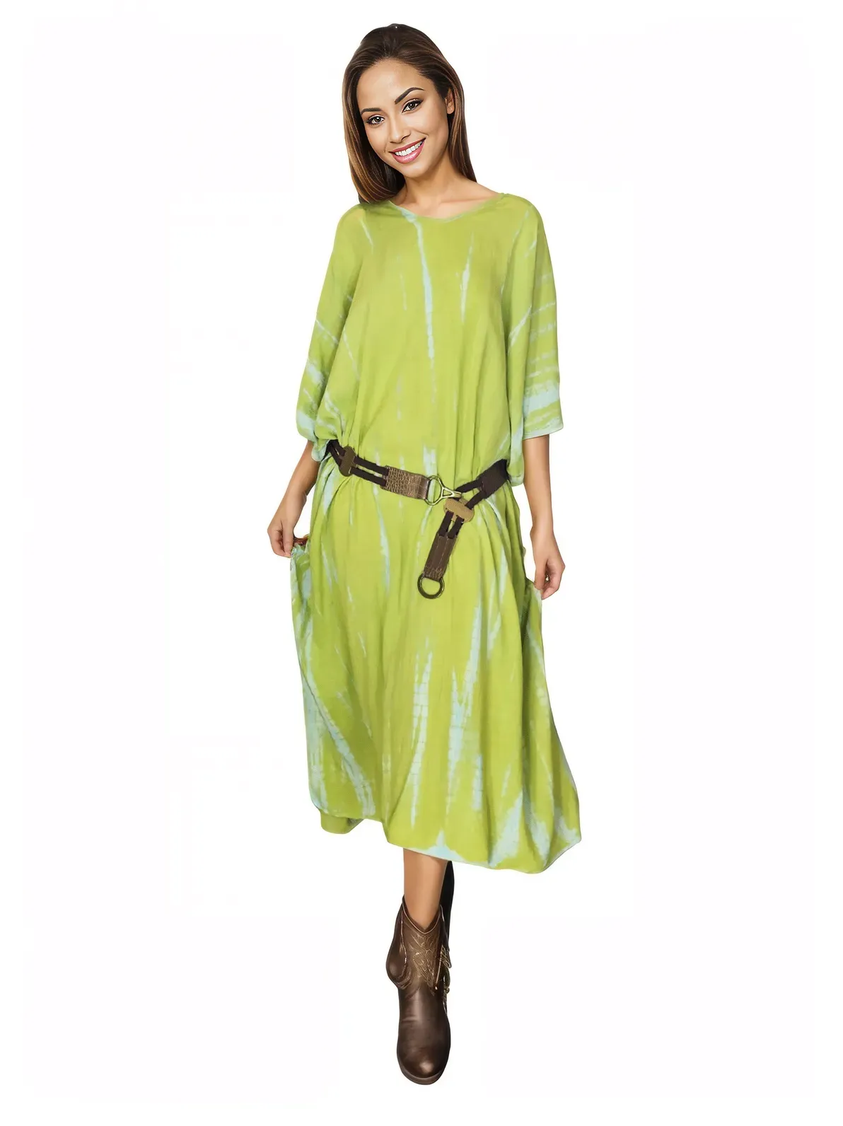 Lime Green Hand-Dyed Tie-Dye Maxi Kaftan Dress – Boho Chic, Flowy and Comfortable