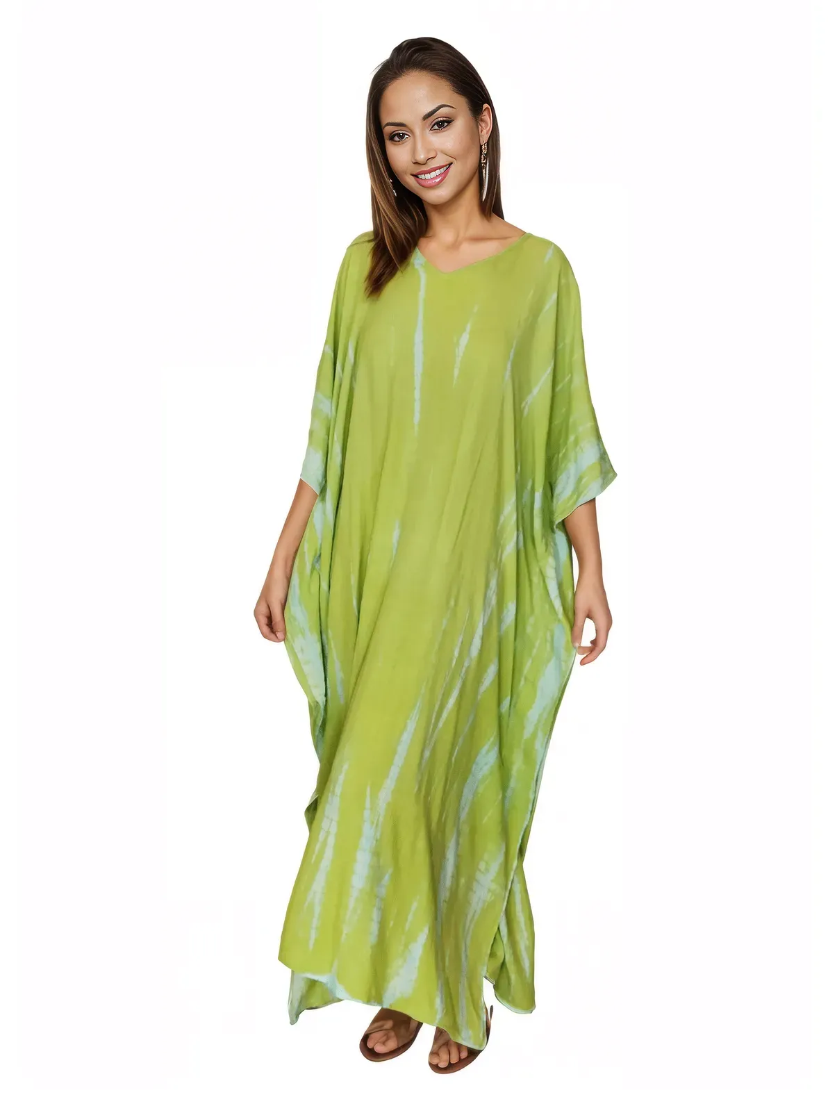 Lime Green Hand-Dyed Tie-Dye Maxi Kaftan Dress – Boho Chic, Flowy and Comfortable