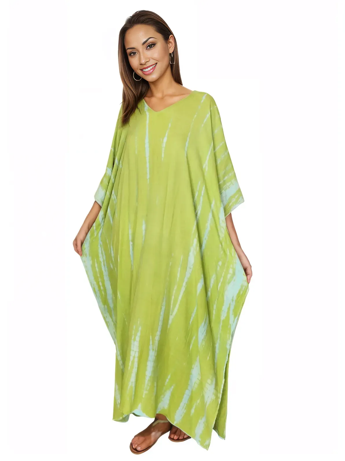 Lime Green Hand-Dyed Tie-Dye Maxi Kaftan Dress – Boho Chic, Flowy and Comfortable