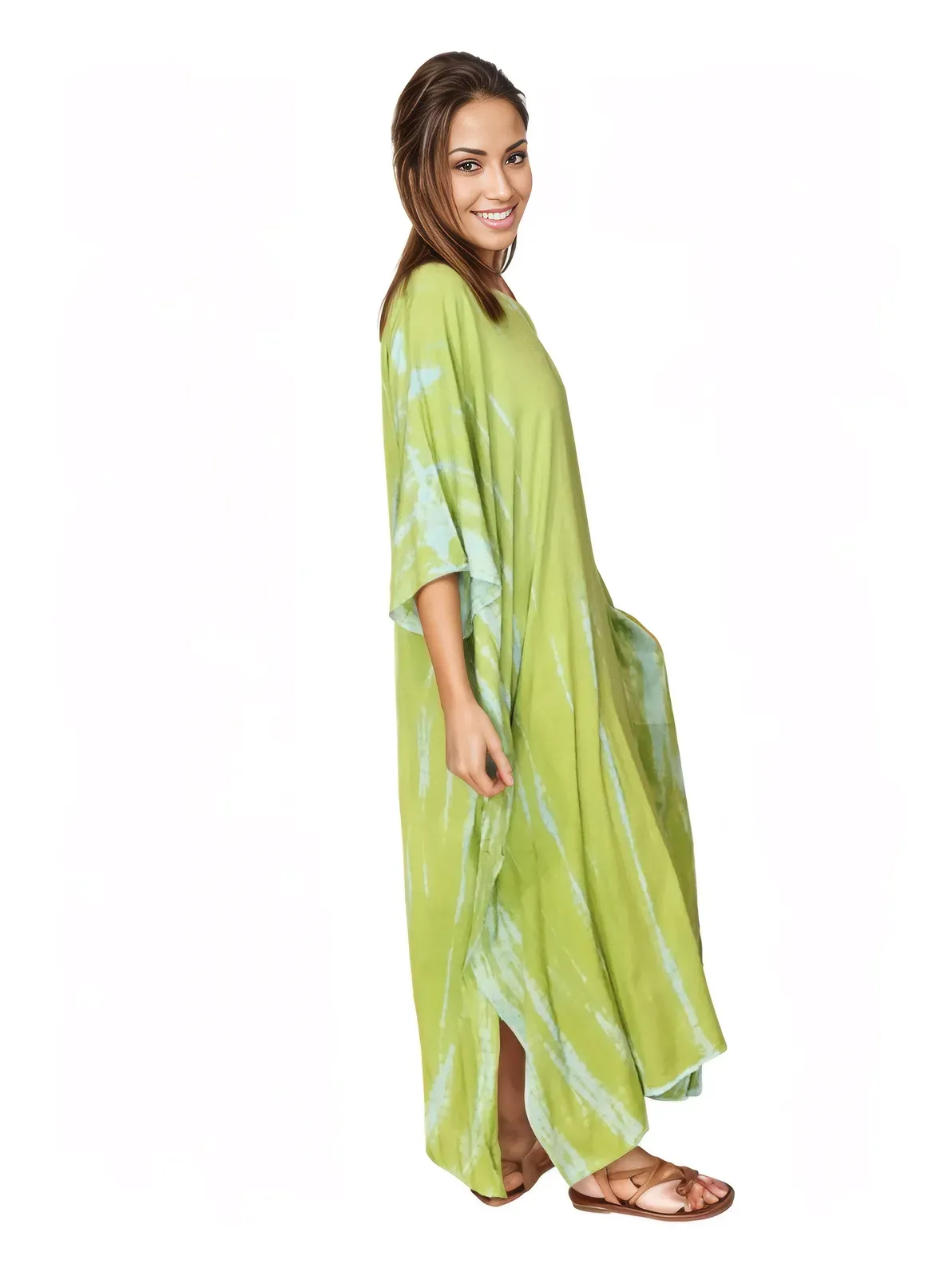 Lime Green Hand-Dyed Tie-Dye Maxi Kaftan Dress – Boho Chic, Flowy and Comfortable