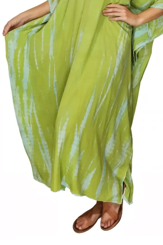 Lime Green Hand-Dyed Tie-Dye Maxi Kaftan Dress – Boho Chic, Flowy and Comfortable